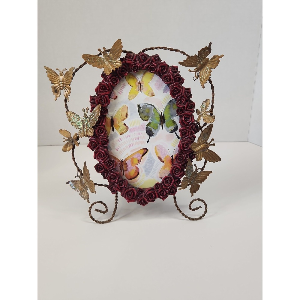 Coquette Cottagecore Butterfly Wire Picture Frame Red Resin Rose Border Oval